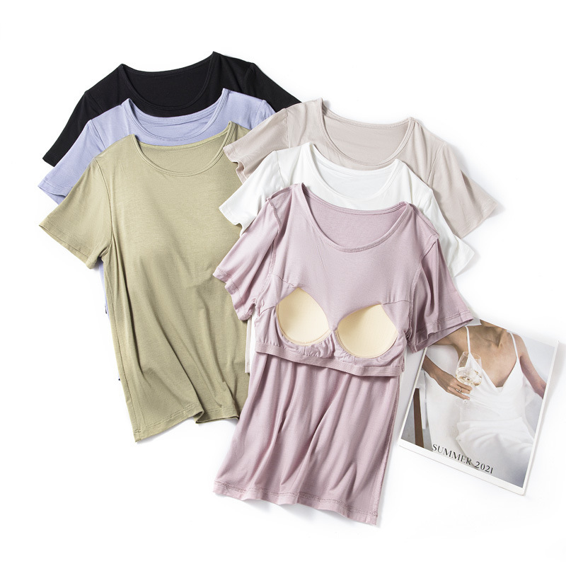 Women's T-shirt modal cotton homewear pajamas with chest pad wear-free bra one-piece outerwear short-sleeved top