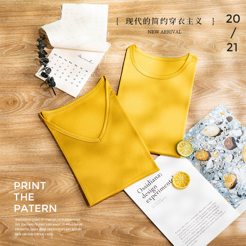 Heavy Weight Promotes 11 Colors Japanese Triacetate Knitted Basic Simple V Neck/Round Neck Women's Short-Sleeved Women's T-Shirt