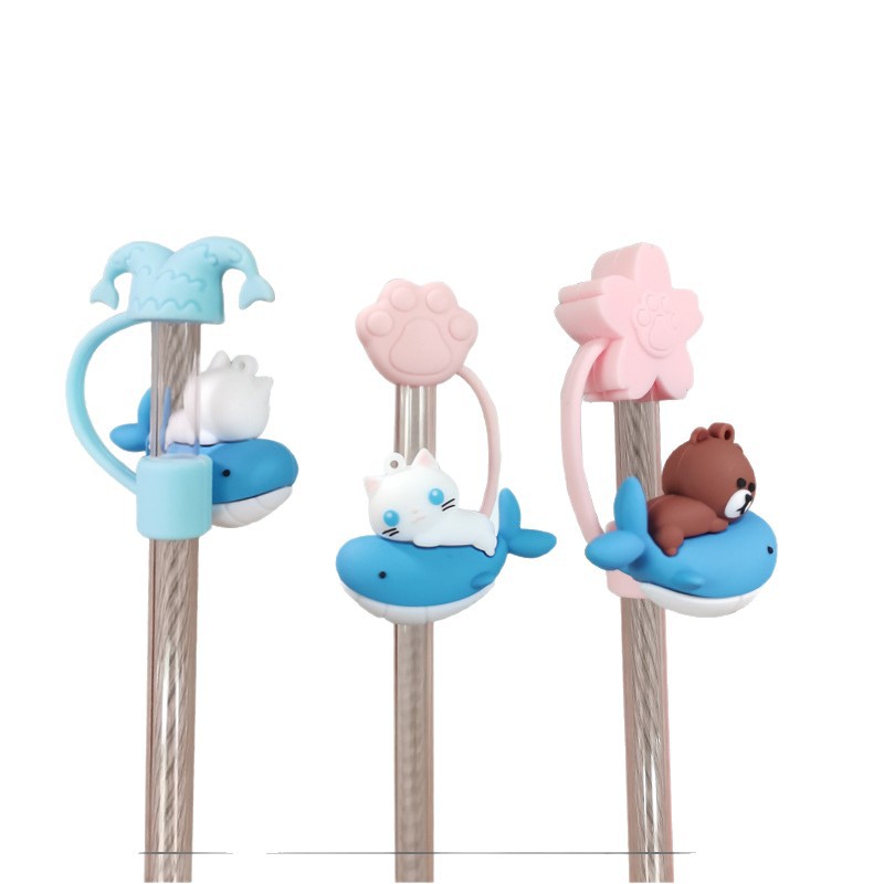 Fábrica al por mayor creativa de dibujos animados de silicona paja tapón paja manga a prueba de polvo silicona paja tapa accesorios