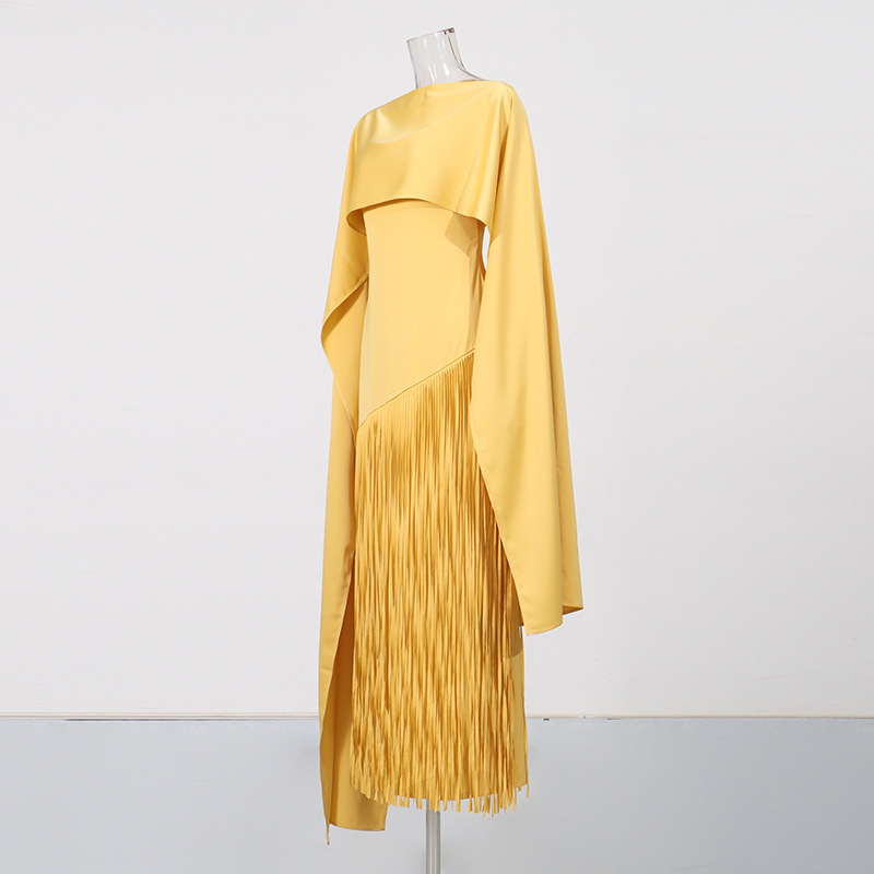Misty Purple Long Dress Women's Clothing Shawl Cape Style High-End Spring New Tassel Bias Cut_ecoleips.com