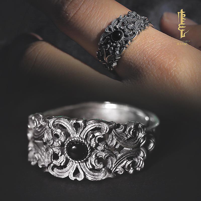 thai silver auspicious flower ring inlaid black agate silver opening ring ethnic style retro men‘s and women‘s
