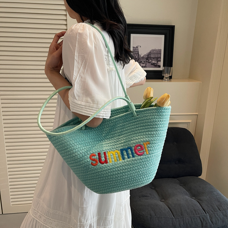Bolso Tote de Paja Playero, Paja, Diseño Abierto, para Vacaciones y Uso Diario