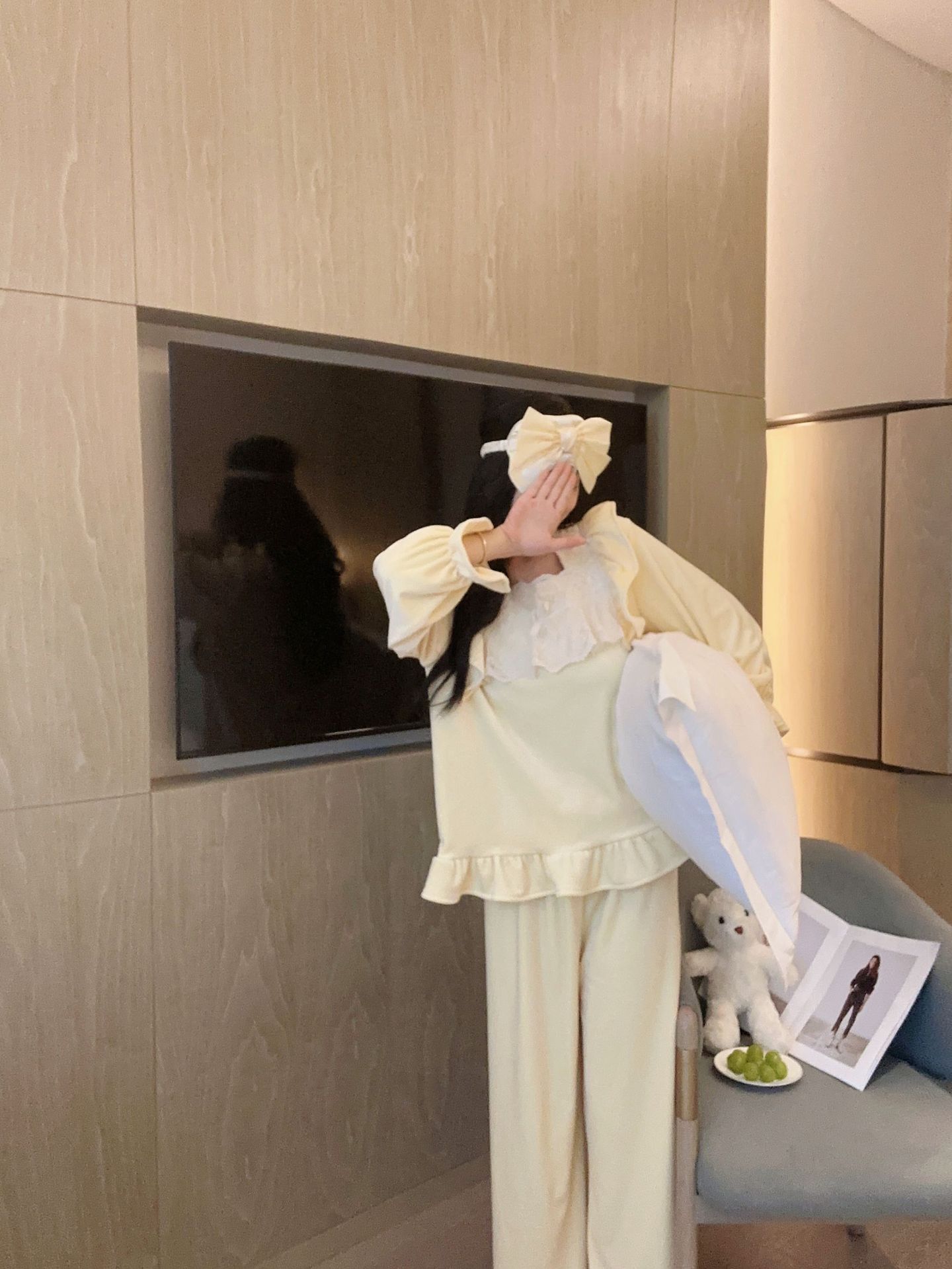 YASE [la mente de la niña] estilo princesa coreana forrado de lana gruesa pijamas de franela de invierno de las mujeres de manga larga homewear