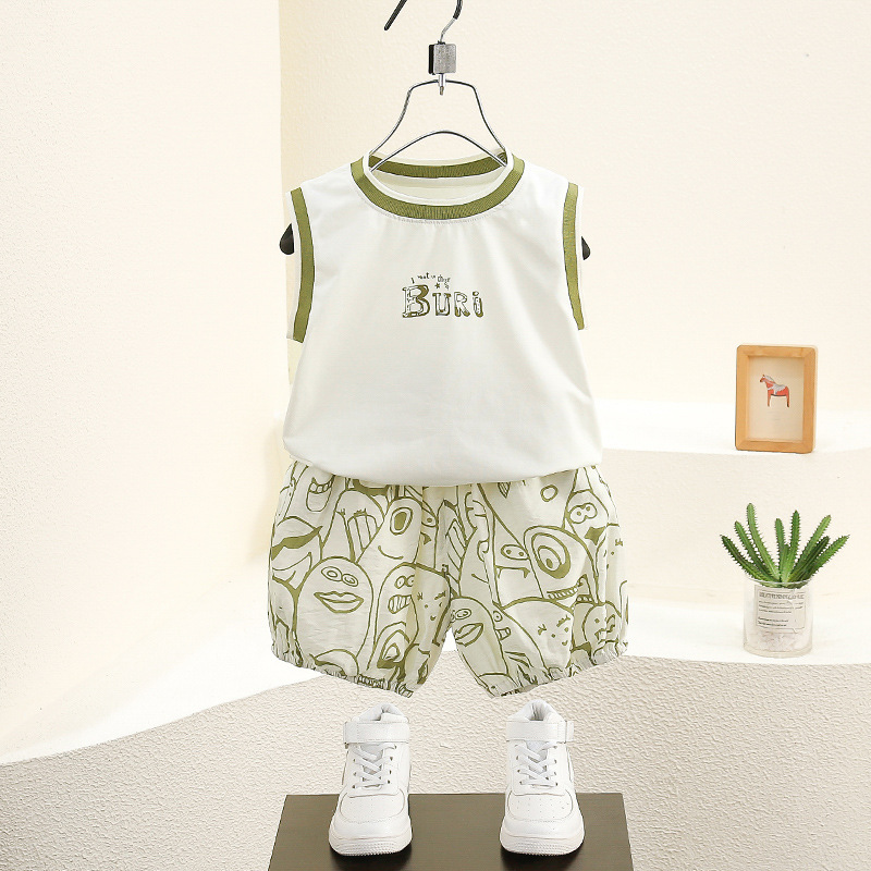 7808 traje de chaleco de verano para niños 2025 nuevo estilo estilo occidental moda para niños casual pantalones cortos de dibujos animados para bebés delgados