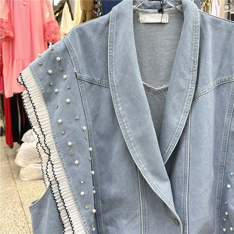 2024 primavera retro nicho con solapa de bordes de lótus sueltos versátiles lavado con agua cardigán azul chaqueta