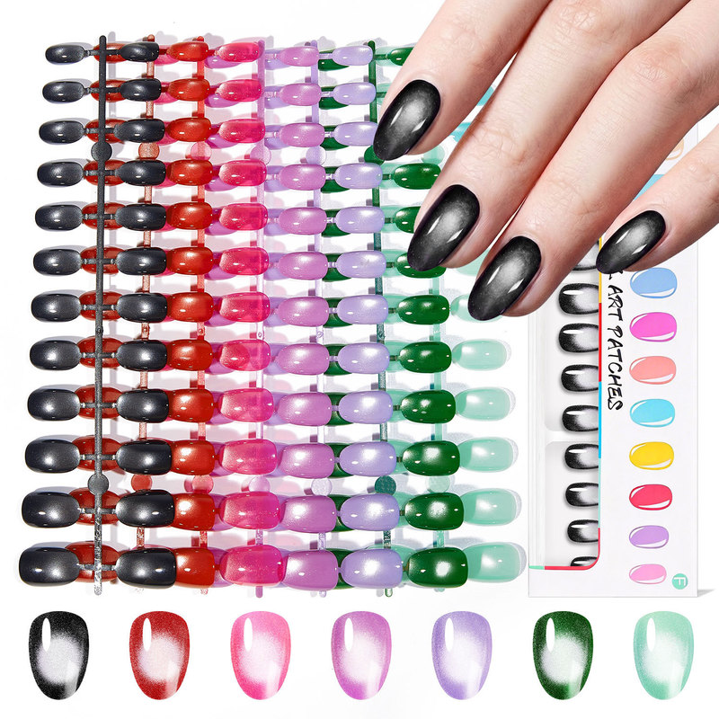 Amazon Nail Art Cat Eye Glass Bead High Gloss Press-On Almond Short Square Extension False Nails