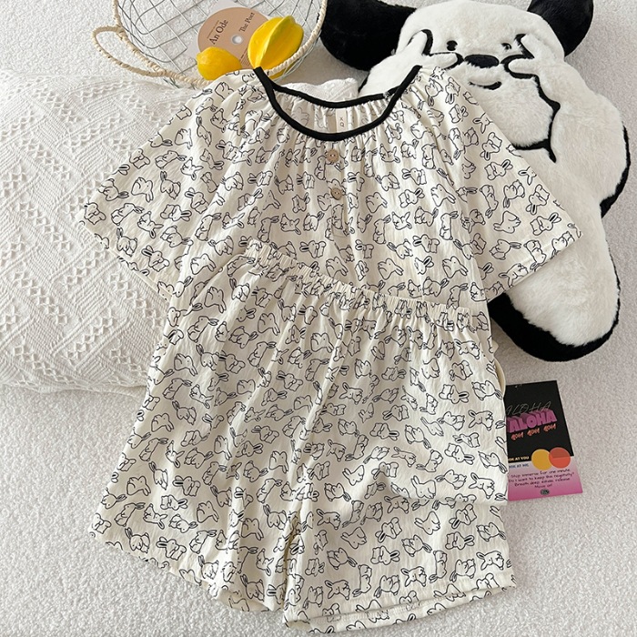 Primavera y verano nubes de algodón pijamas de mangas cortas de cuello redondo encantador dibujos animados de niña en ropa de casa dos piezas de pijamas