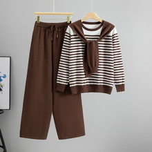 跨境秋冬新款气质时尚小香风职业针织套装女条纹毛衣阔腿裤两件套