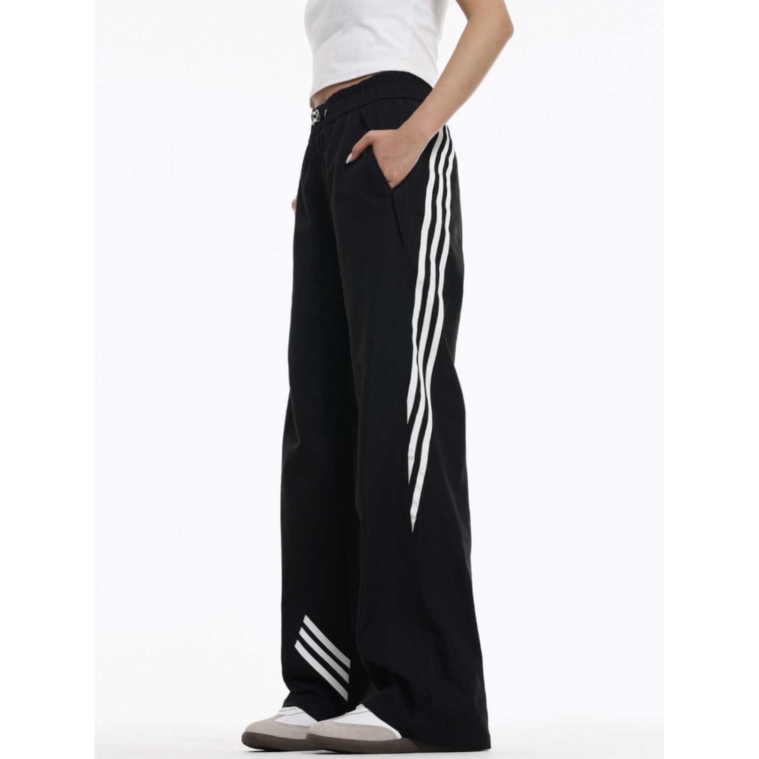 美式高街垂坠感条纹运动休闲裤男女潮流直筒阔腿户外冲锋裤子ins