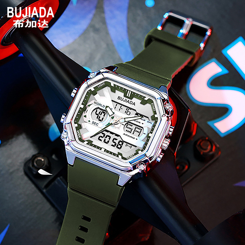 BUJIADA 電子時計スクエアトレンド LED 多機能メンズ腕時計発光デュアルディスプレイ学生中空腕時計 2502|undefined