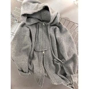 Grey Hooded Sweater Coat Loose Autumn and Winter Lazy New Thickened Knitted Zipper Sweater Cardigan Other