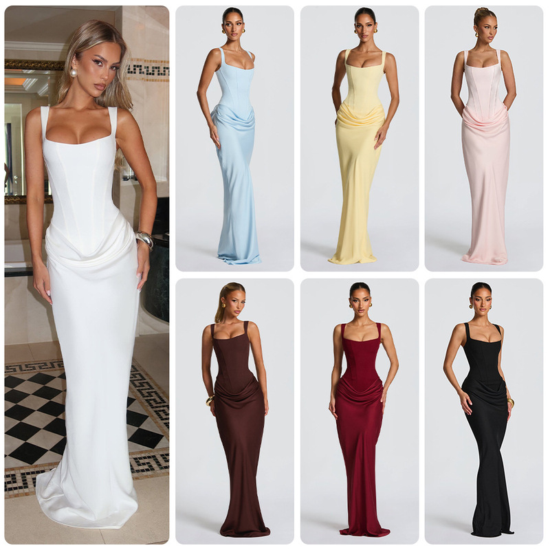 Amazon 2026 European and American New Style Sleeveless High-Waisted Tie-Up Slim-Fit Elegant Three-Dimensional Pleated Patchwork Bodycon Long Dress for Women