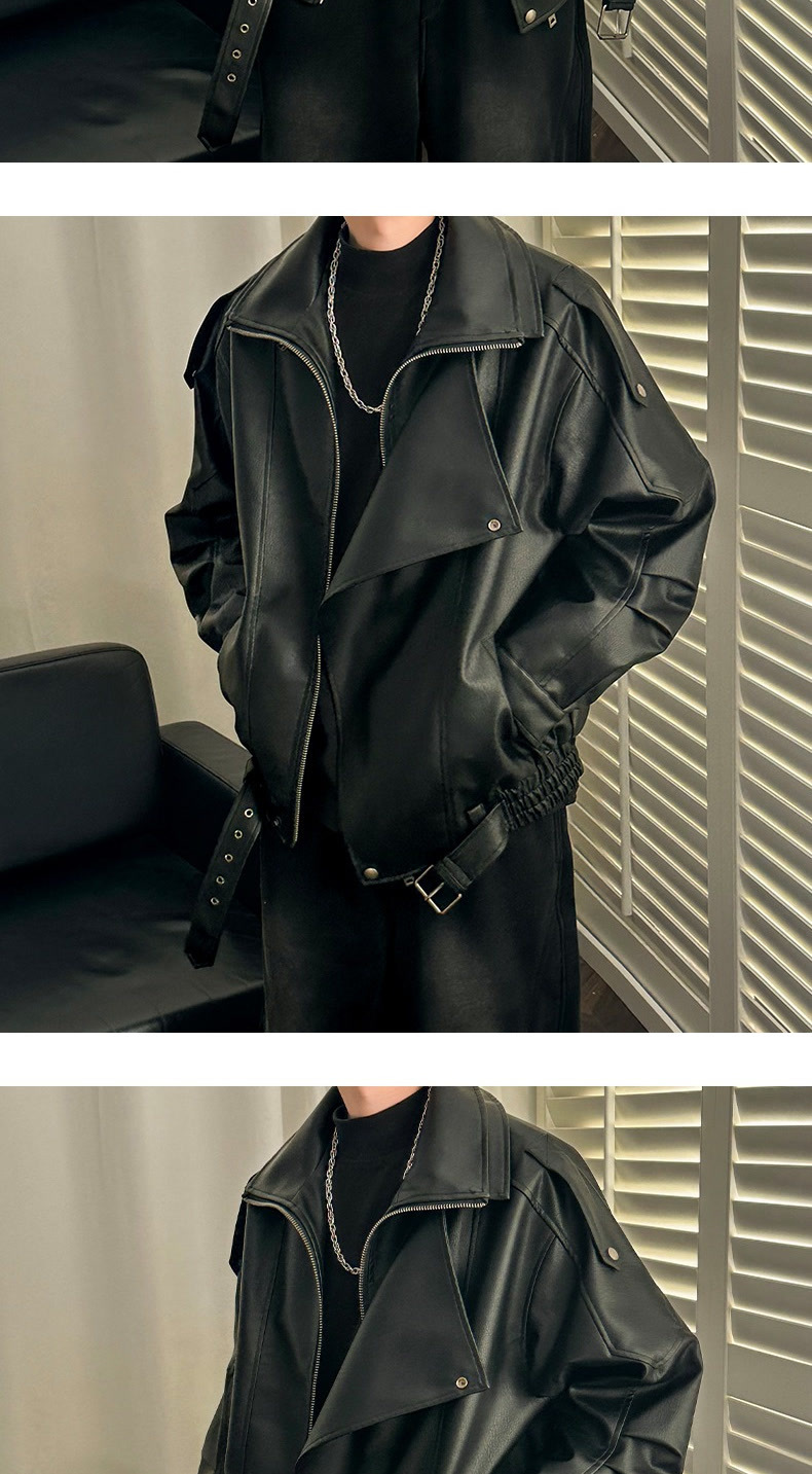 Men's Leather Jacket With Shoulder Pads And Lapel High-end Style_voghion.com