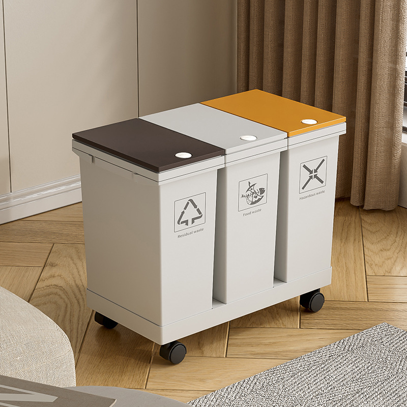 60L Press-Top Trash Can, Large Capacity Kitchen Dry and Wet Separation Storage Bin with Wheels, Mobile Sorting Trash Bin, Eco-Friendly
