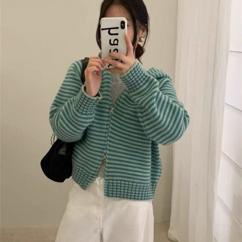 韩系连帽条纹毛衣外套秋冬季新款时尚氛围感宽松慵懒加厚针织上衣|undefined