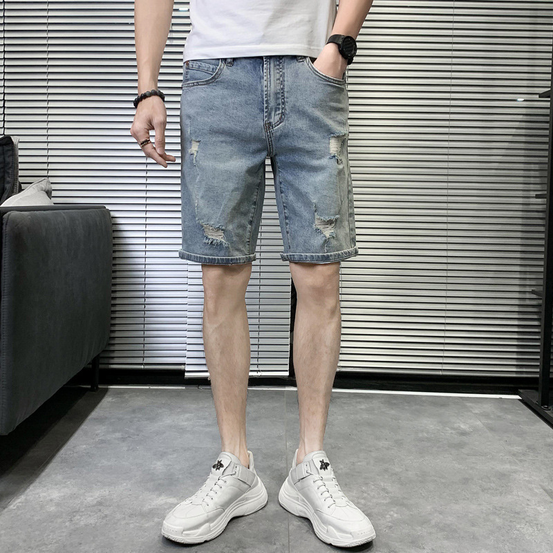 Jean déchiré tendance personnalité short d'été décontracté mince homme court bleu clair pantalon mi-long_voghion.com