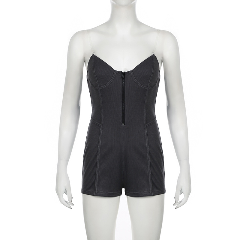 Women Tube Top See through Bra Straps Distressed Rib Sexy Jumpsuit Personality Suspender Shorts