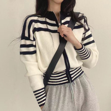 韩国chic秋季法式复古拉链立领收腰短款长袖条纹针织衫毛衣外套女