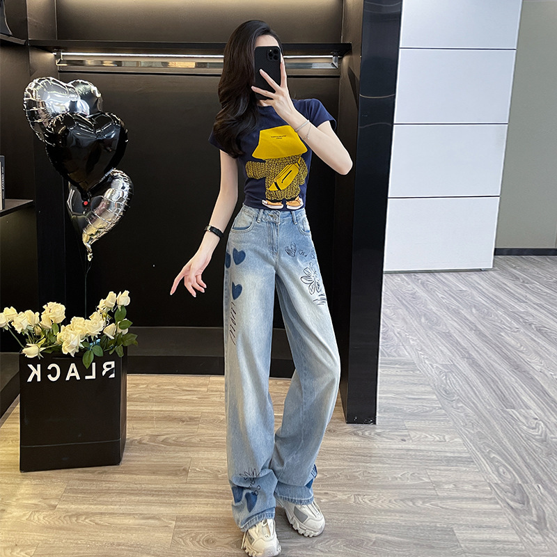 Fashion Trend Personalized Printed Short Short Short Sleeve Slimming Top Vintage High Waist Straight Jeans Women's suit
