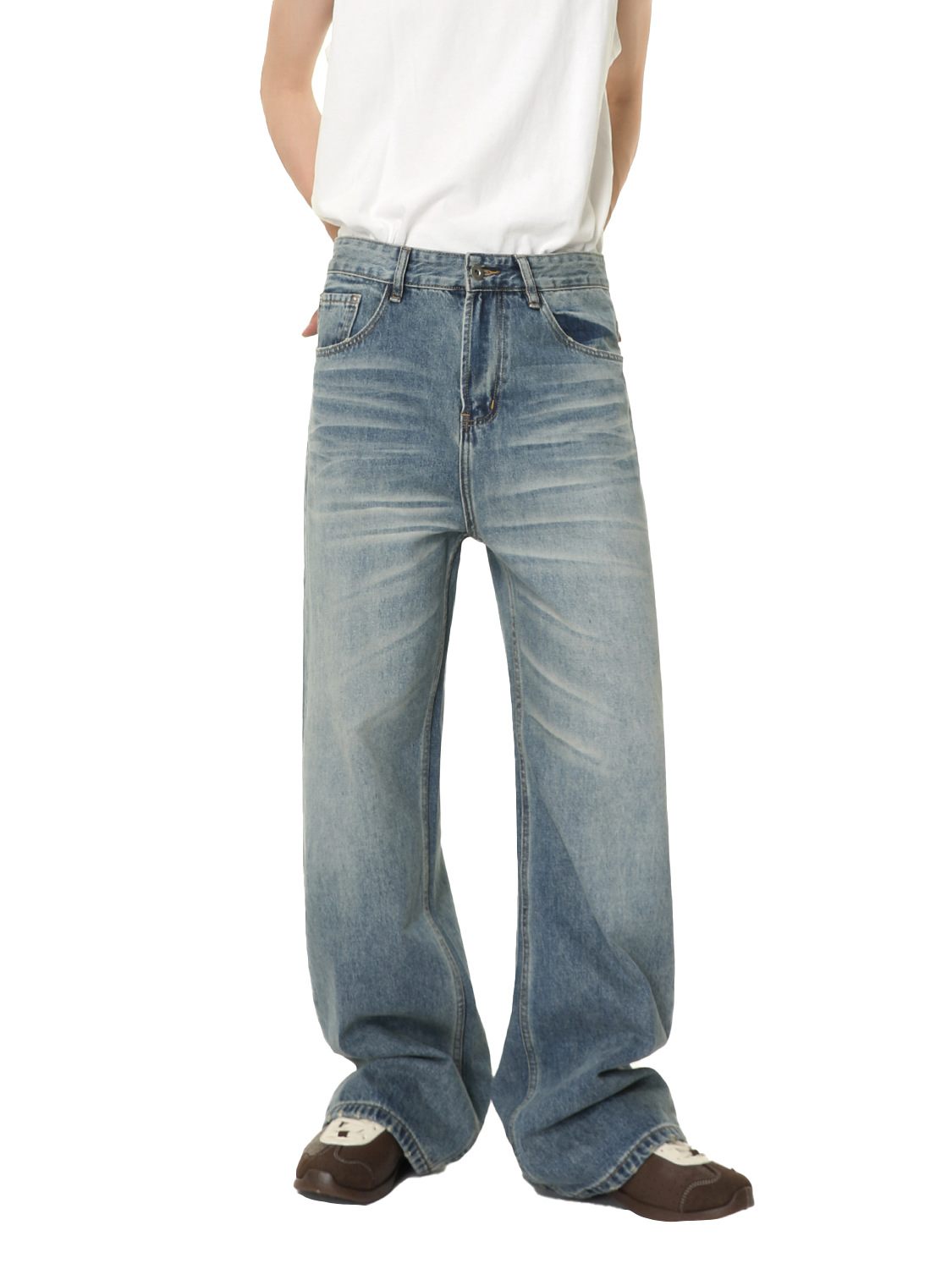 MTLCLOTHES Hombres| Coreano vibe lavado con agua estereoscópica gato barbudo en forma de A, jeans de pierna ancha rectos, moda universal