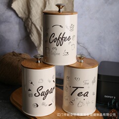 北欧風リビングキッチンレストラン適用竹蓋密封コーヒー砂糖茶葉貯蔵タンク3点セット