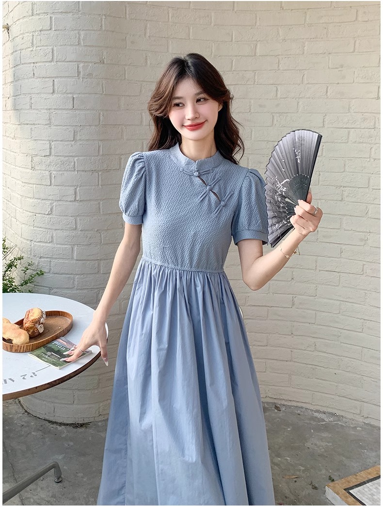 Blue Chinese Style For Women, Summer 2025 New Model, Improved Cheongsam, Elegant And Slimming Long A-line Dress_ecoleips.com
