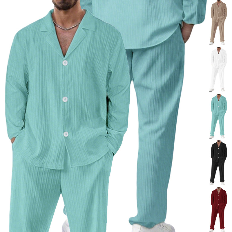 Nuevo transfronterizo de verano para hombres nuevo color sólido de mangas cortas camisa de mangas largas pantalones largos sueltos traje casual
