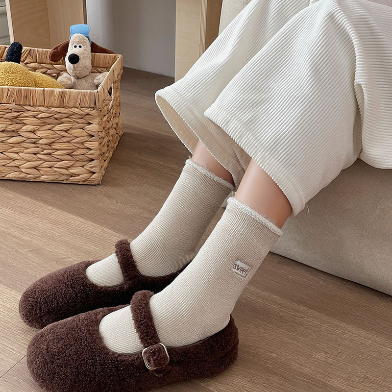 Kışın sıcak çoraplar işlemeli çoraplar artı kadife kalın taban çorapları düz renk fırçalanmış çoraplar kışlık kalınlaştırılmış kadın çorapları_voghion.com