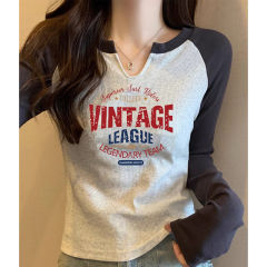 新型の修身はやせています。アメリカのプリントは肩が小さいvネックの純綿tシャツの上着です。