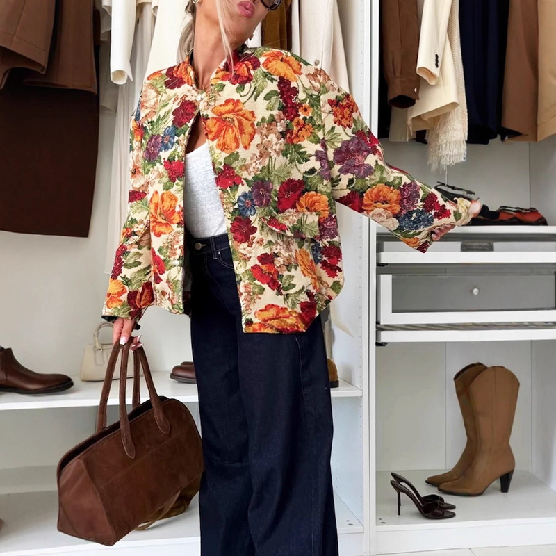 Floral Design New Niche Printed Tops, Jackets, Retro Shirts, Stand-Up Collar Long-Sleeved Jackets, Cross-Border Foreign Trade Women's Clothing Floral Design New Niche Printed Tops, Jackets, Retro Shirts, Stand-Up Collar Long-Sleeved Jackets, Cross-Border Foreign Trade Women's Clothing
