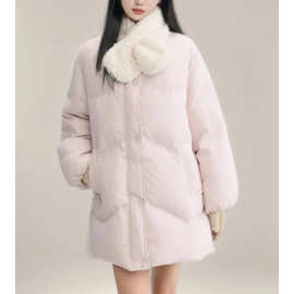 2025冬季新款甜美粉色羽绒棉服围脖羊羔围巾中长款面包棉服外套