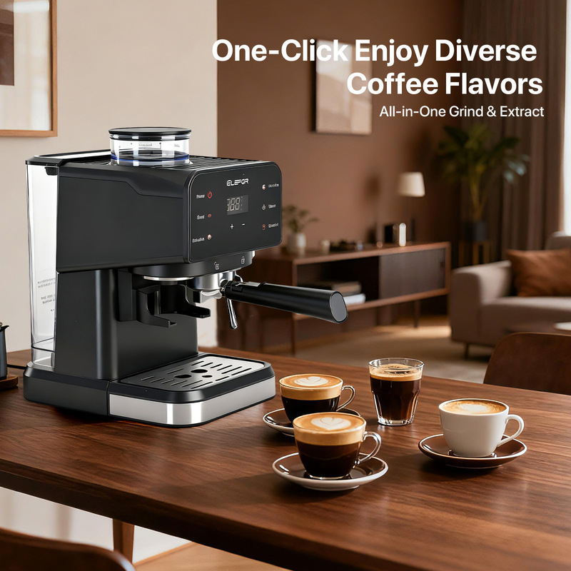 Semi-automatic freshly ground espresso machine with digital display for controlling hot and cold extraction, steam frothing, suitable for office and home use