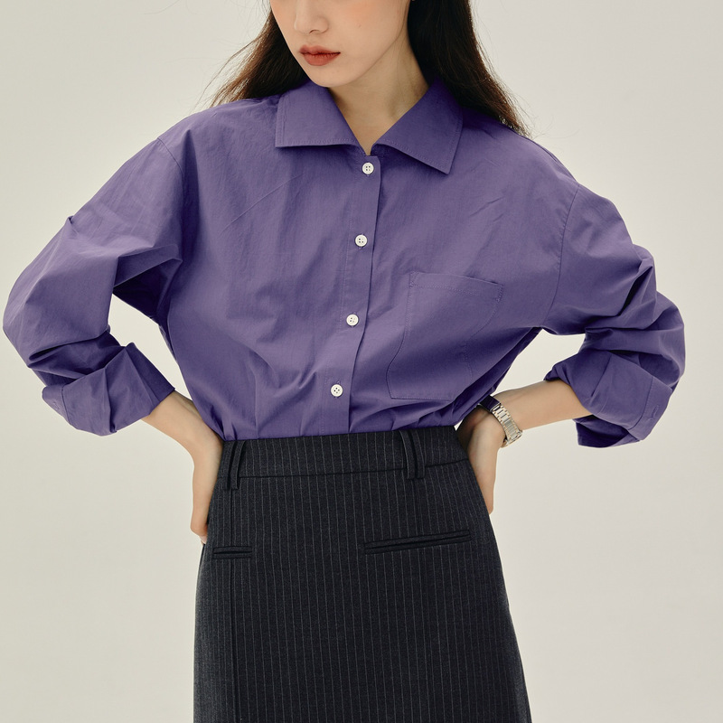 Purple "Writer's Shirt" Twill Cotton Basic Shirt Small Square Collar Design Sense Purple "Writer's Shirt" Twill Cotton Basic Shirt Small Square Collar Design Sense