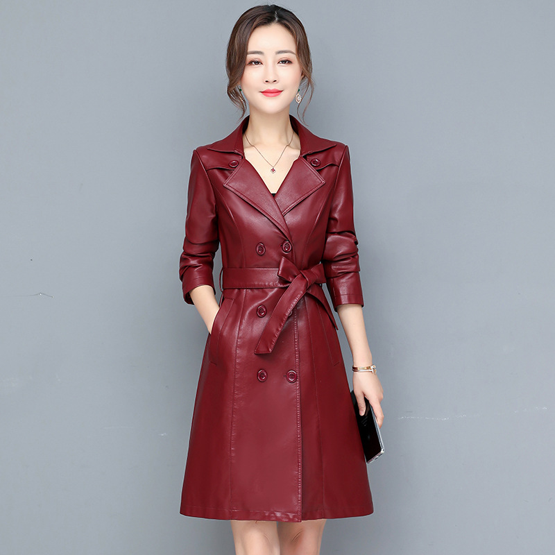 2023 Autumn New Leather Jacket Women's Large Size Mid-Length Leather Jacket Slim Belt Slimming Windbreaker Ladieswear's Jacket