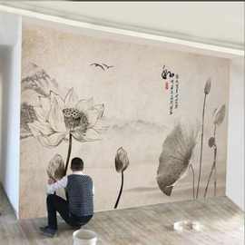 5d中式简洁立体墙纸客厅电视背景墙壁纸水墨墙画简约典雅荷花壁布