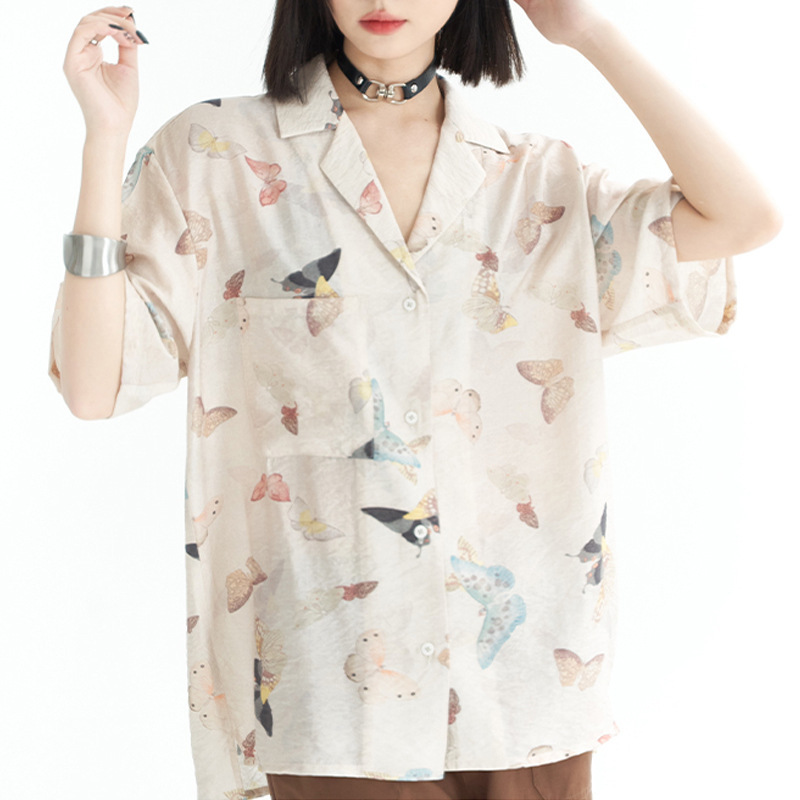 万有引力博物馆 复古满印短袖衬衫女夏季2025年新款衬衣宽松上衣|undefined