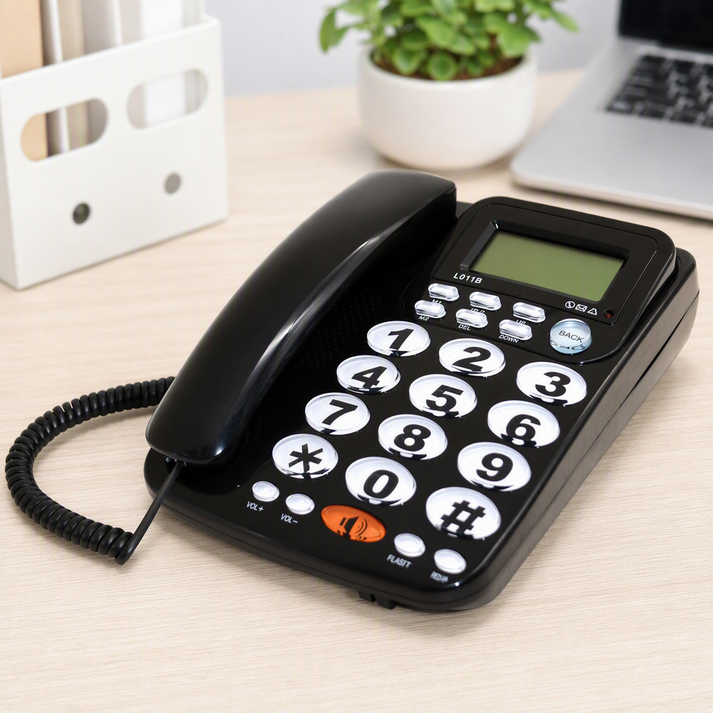 English-language L011B telephone, transparent with large buttons, wired fixed base, home/office style, backlit, caller ID display.