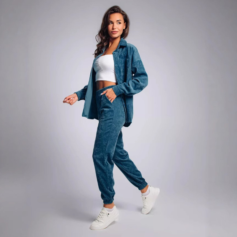 Cross-border Amazon 2025 retro plus size lapel shirt suit casual loose corduroy trousers suit women Cross-border Amazon 2025 retro plus size lapel shirt suit casual loose corduroy trousers suit women