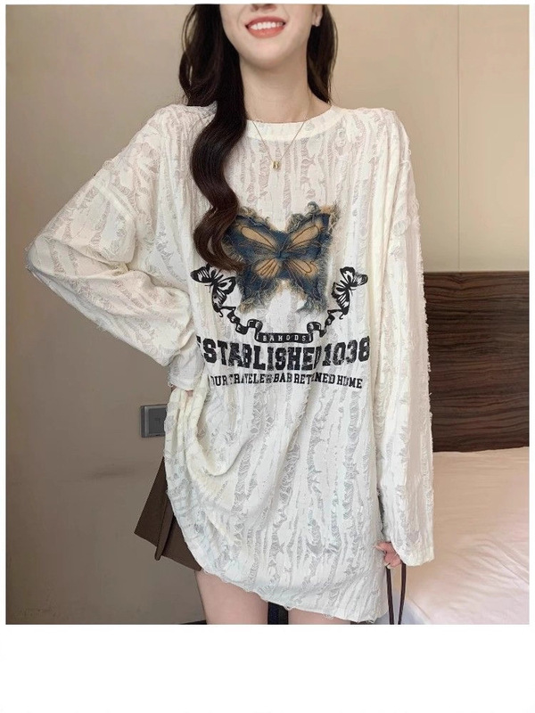 【自家工厂现货】蝴蝶长袖T恤女宽松慵懒废土风纯欲辣妹露肩上衣|undefined
