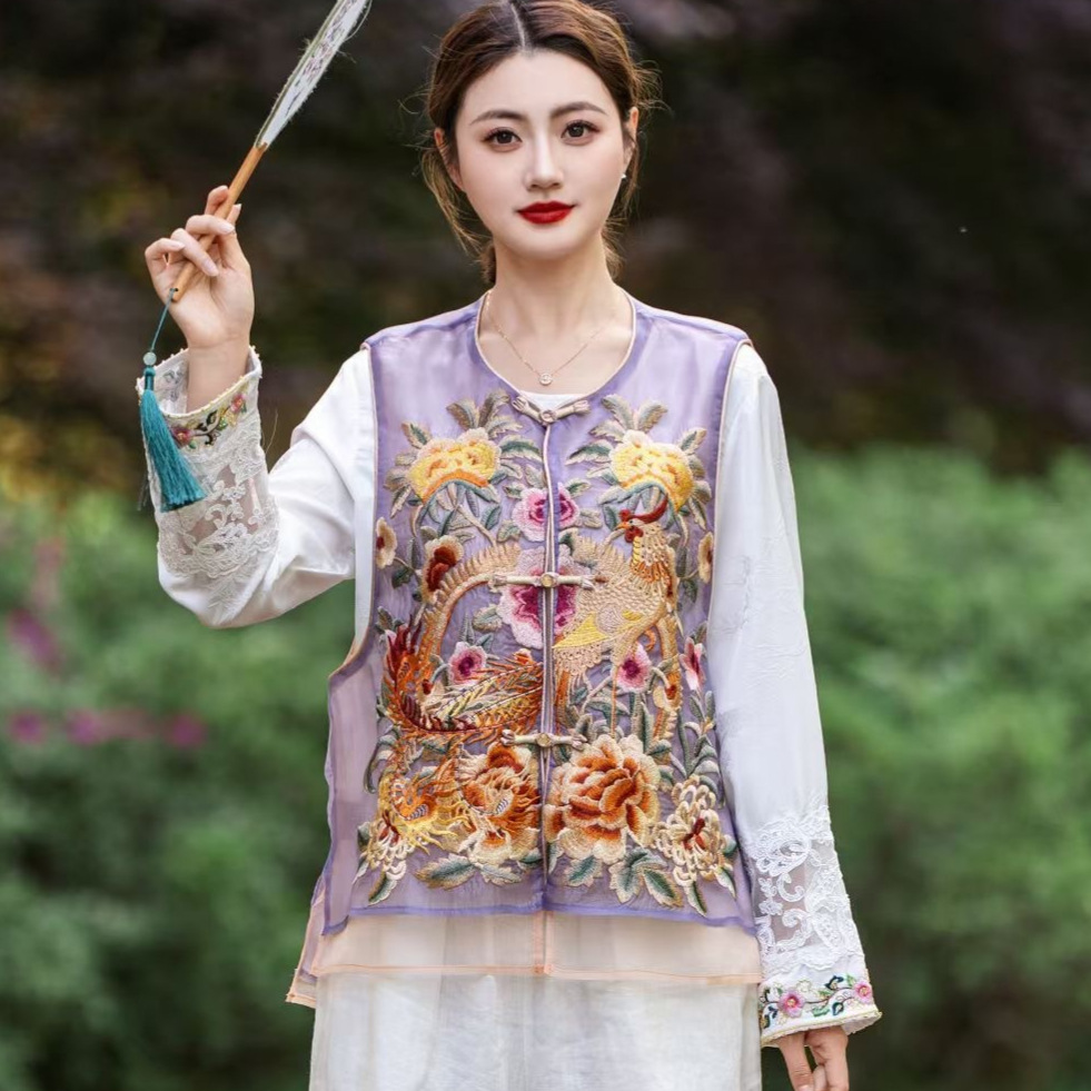 2025 Summer New Ethnic Style Retro Round Neck Buckle Vest Women's Artistic Fashion Organza Stitching Vest