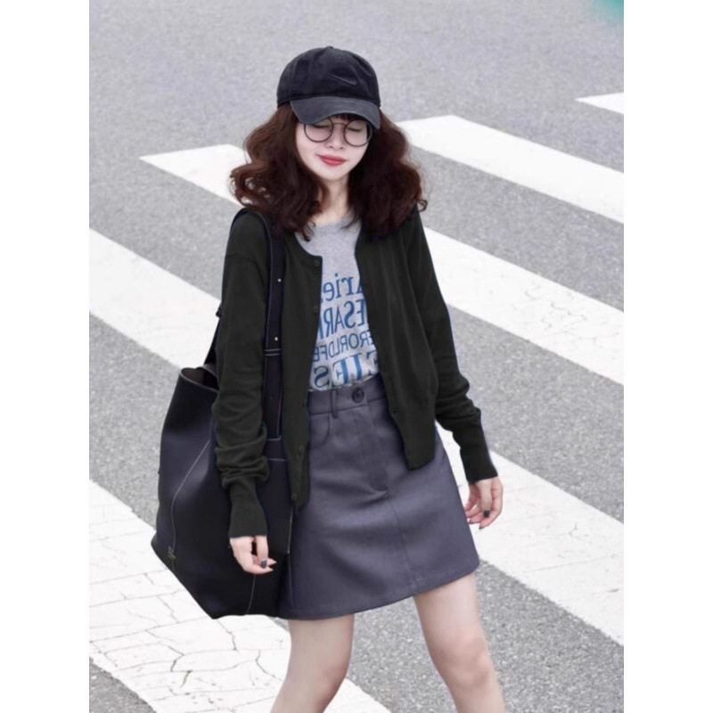 Black short round neck knitted cardigan for women, flattering for petite figures, perfect for spring, soft and cozy, a great outerwear option.