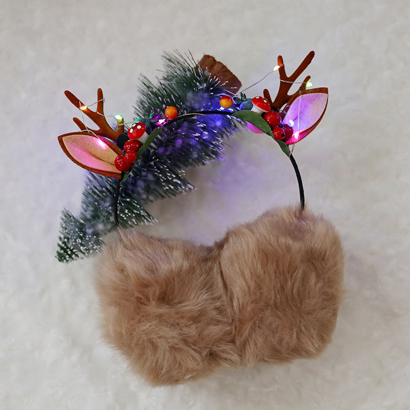 Christmas Antlers Berry Earmuffs Luminous Light Headband Lantern Earmuffs Led Girls Winter Ear Warmer and Brightening Earmuffs