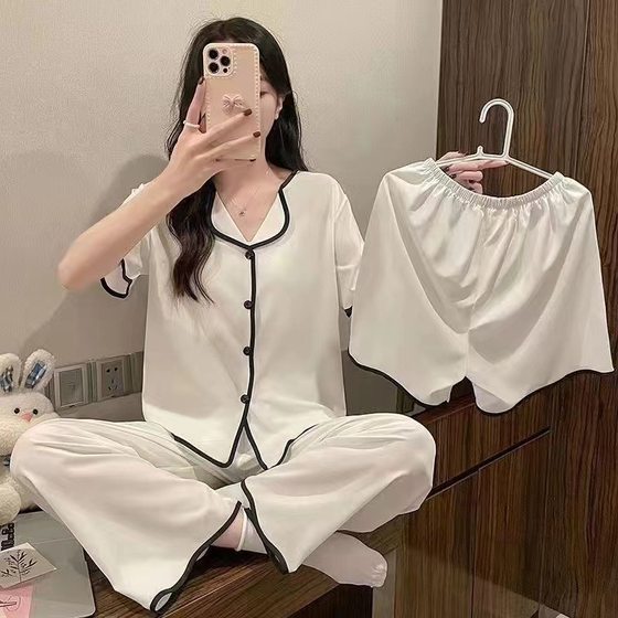 2024 new pajamas women's summer high-value online popular three-piece cardigan short-sleeved shorts pants sweet home clothes