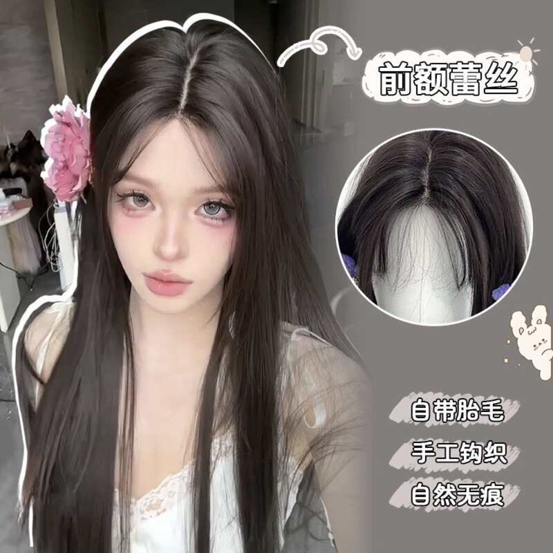 Small Round Wig - Wig for Women with Lace Forehead, Natural, Thin, Medium-parted Elegant, Long Straight Hair Wig, Women's Full Headgear