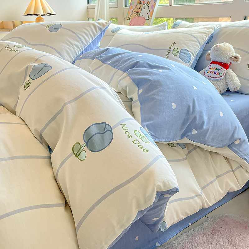 Cama de algodón cuatro piezas de sábanas de algodón cubierta dormitorio único pequeño fresco tres piezas de Nantong ropa de cama al por mayor