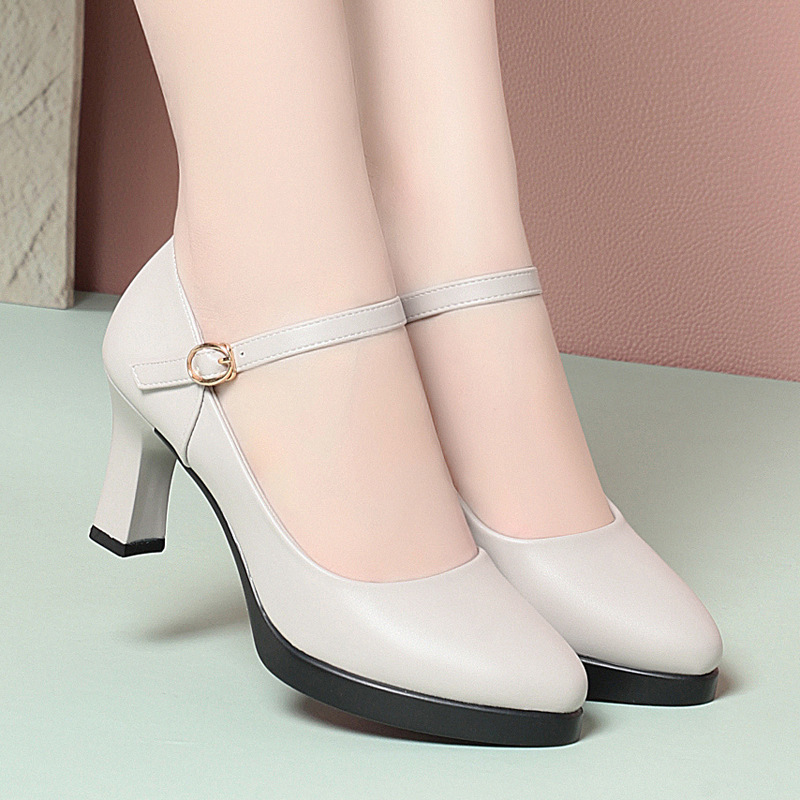 Spring and Autumn High-heeled White One-word Buckle High-heeled Cheongsam Shoes for Model Performance Special Show Leather Shoes Single-layer Shoes Women's Shoes