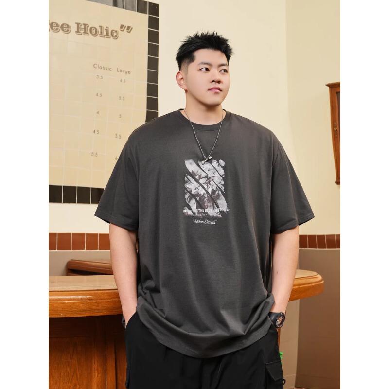 Trendy Plus-Size Men's Summer Cotton Printed Loose Casual Oversized Short-Sleeve Round-Neck T-Shirt