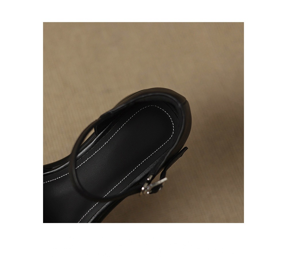 Sandal quai ngang nữ mũi bao da bò gót dày kiểu La Mã lưới rỗng — đen chi tiết 17