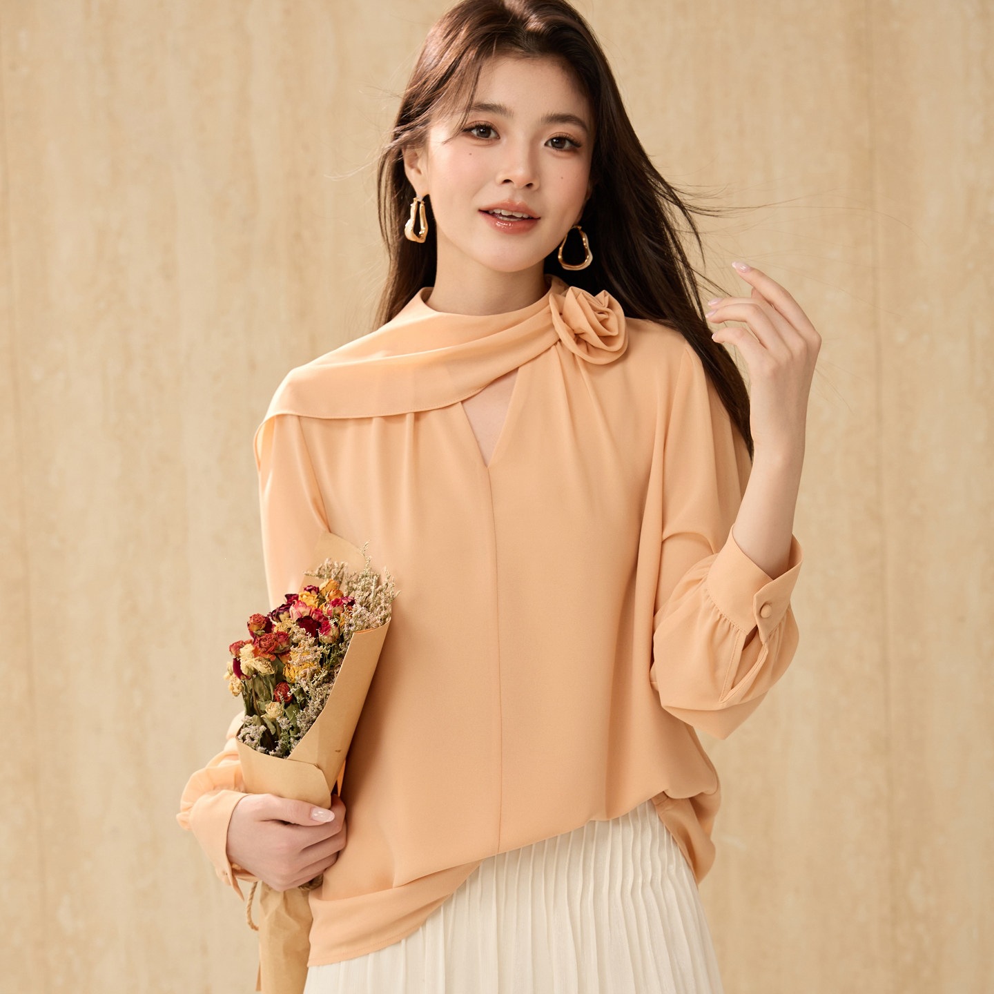 2026 Autumn New Style Ribbon V-Neck Chiffon Blouse Women's Shirt Long Sleeve Elegant and Stylish Top 2998
