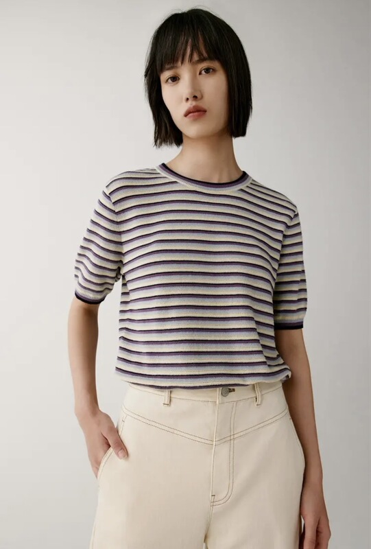 IC Xiaohe new ultra-fine organic cotton blue and white striped round neck short sleeve knitted base shirt